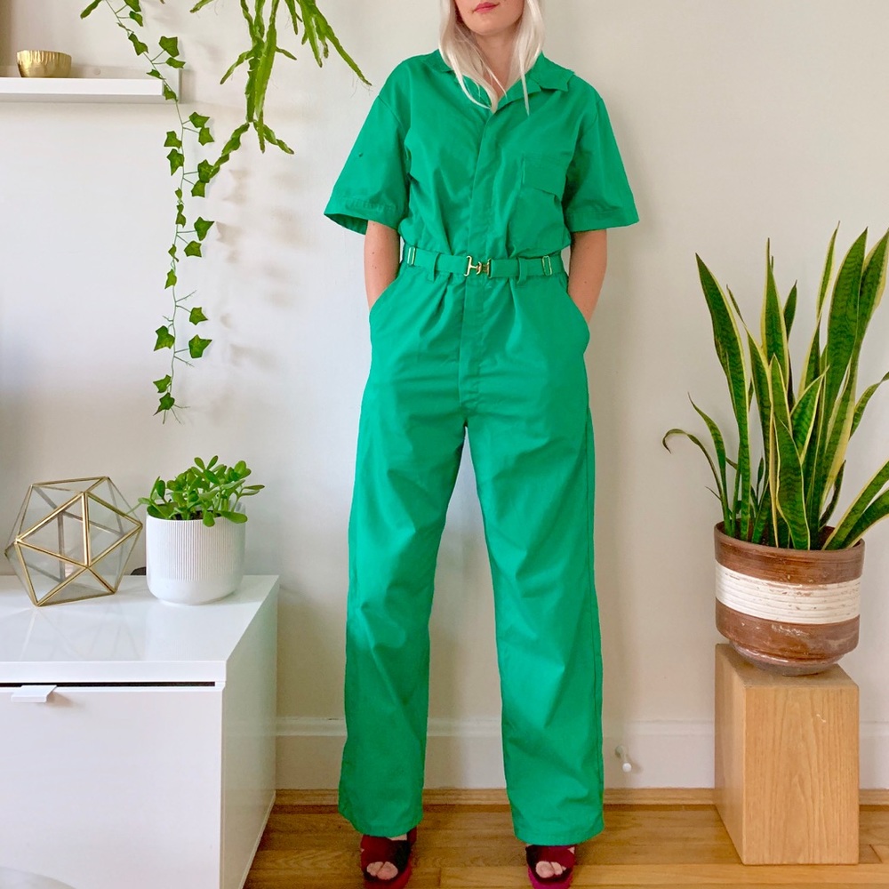 Vintage 60s green coveralls mechanic utility M/L - Picture 1 of 8